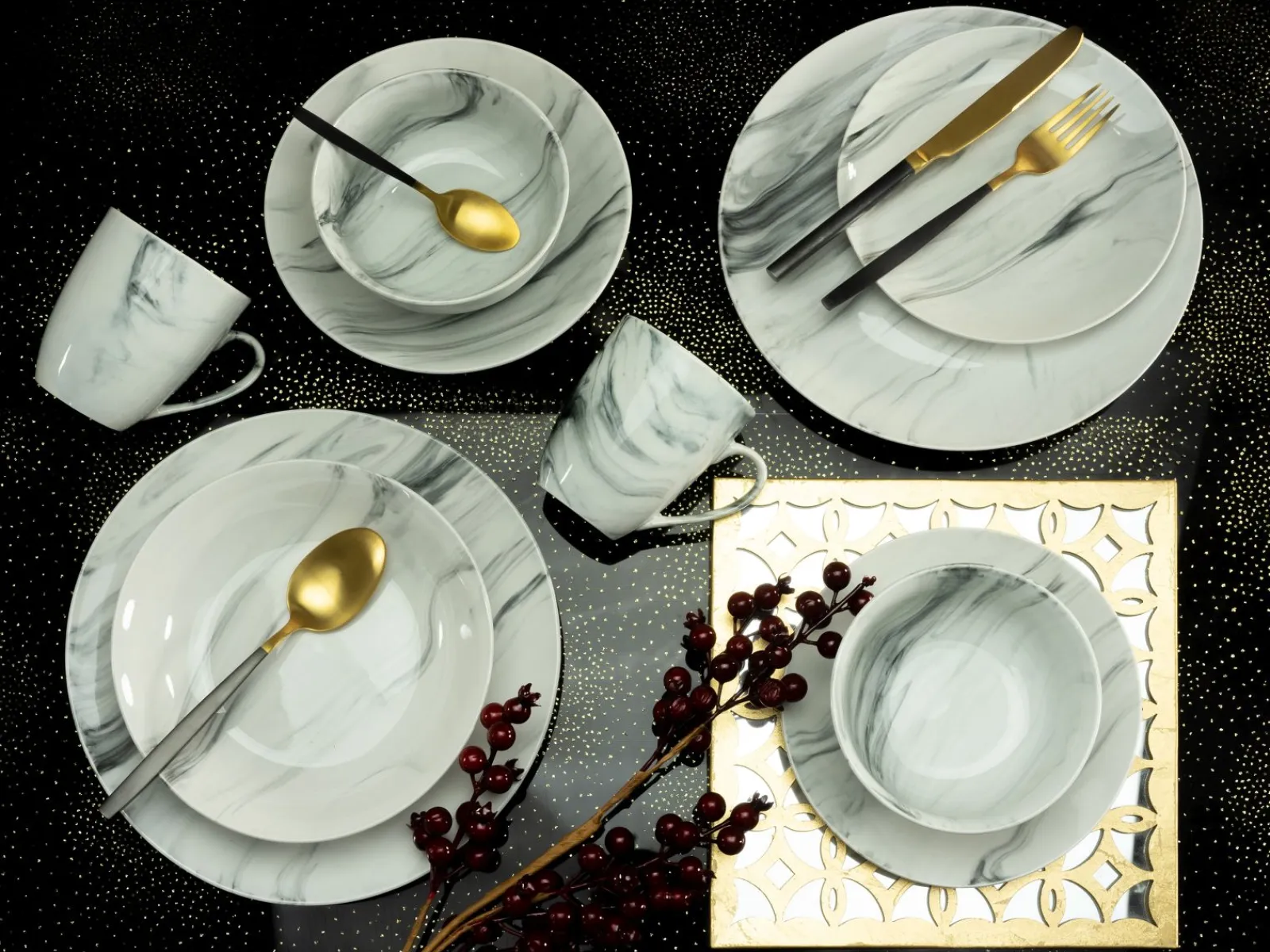 Creatable Geschirrset|Marmor - Kombiservice 16-tlg - Schwarz-Weiss